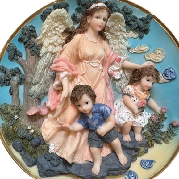 Guardian Angel Wall Plaque With Children Hand-Painted Resin Hanging Decor - Picture 4 of 7